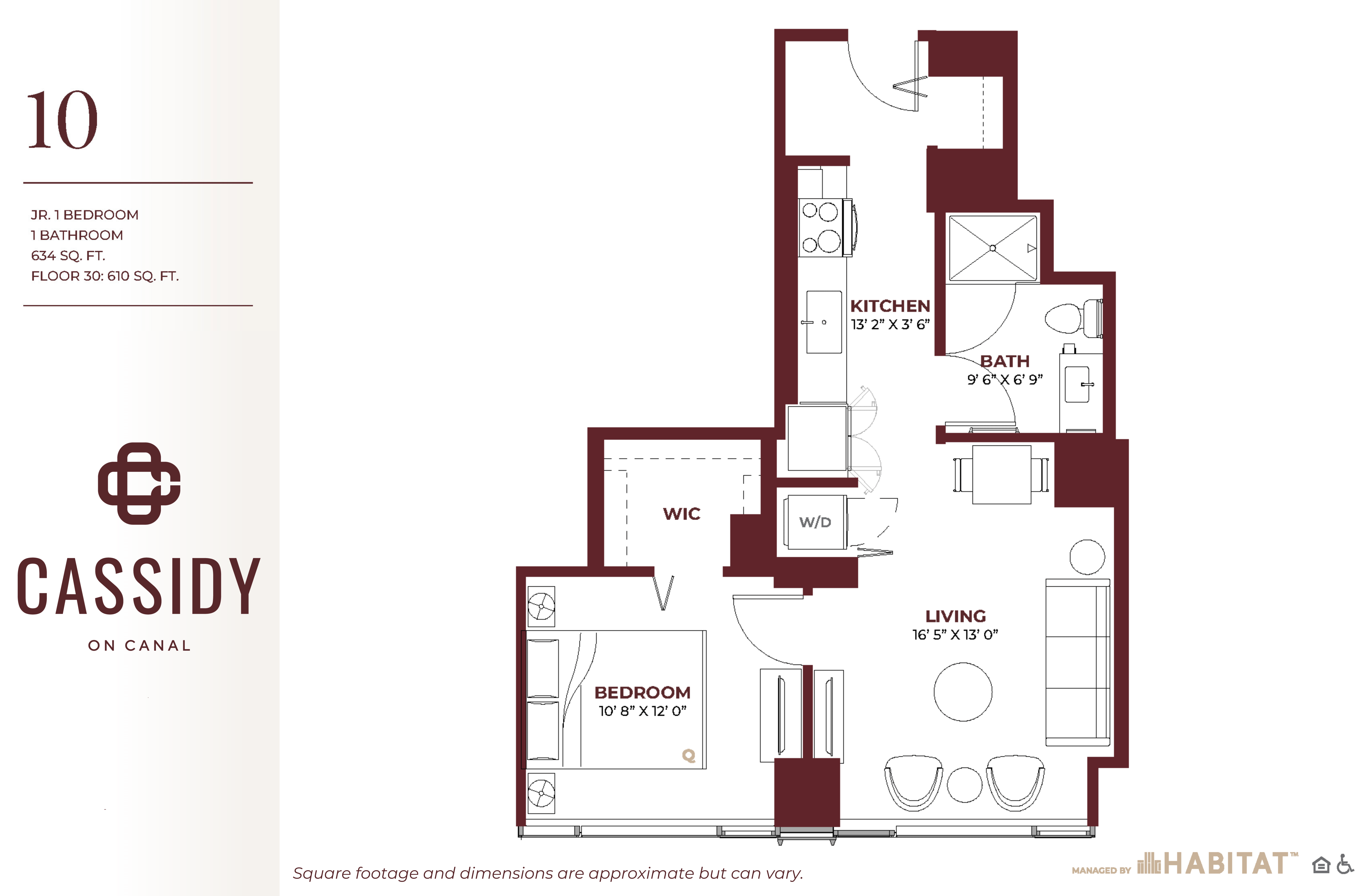 Floor plan for 1 bed, 1 bath, 634 sqft